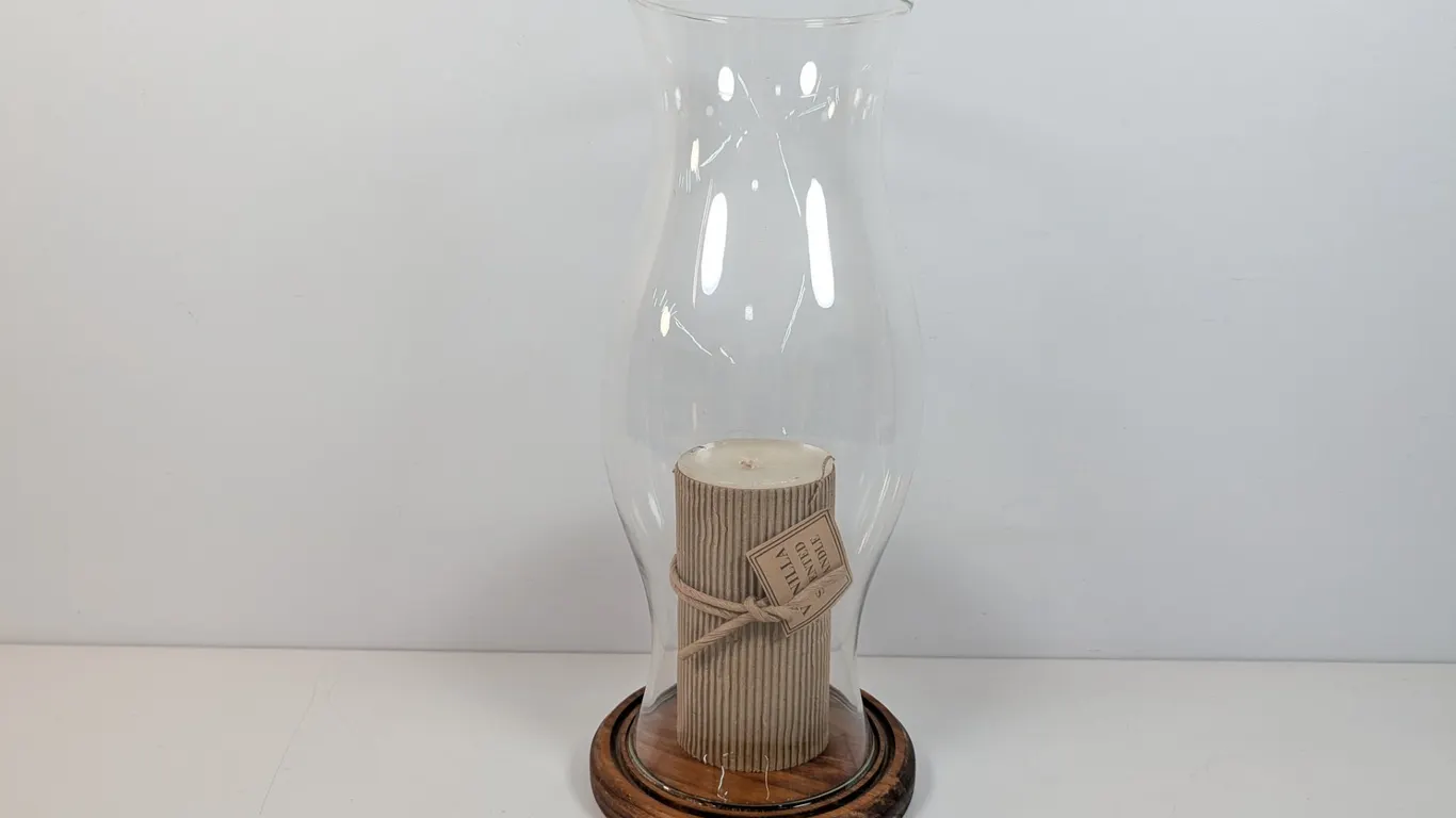 Glass Hurricane Lamp with Wooden Base and Vanilla Scented Candle