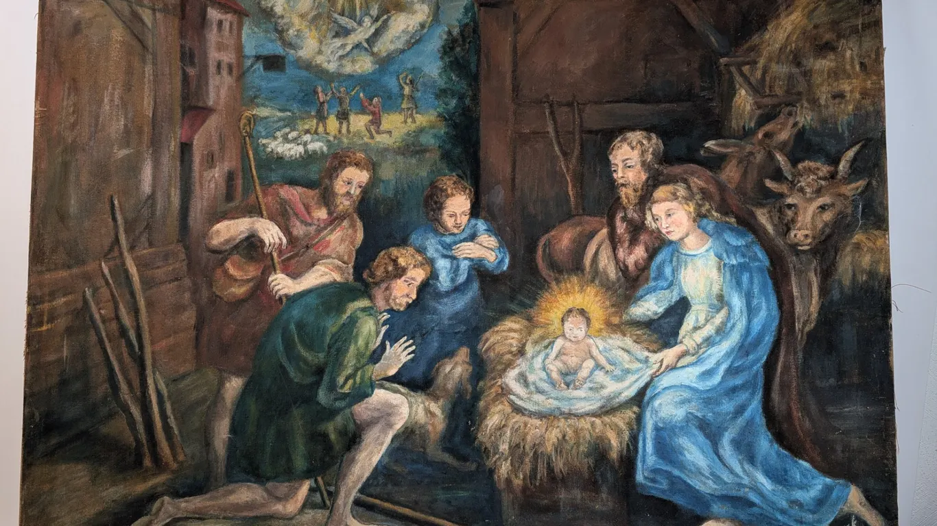 Signed Elise Freunk Nativity Scene Painting on Canvas