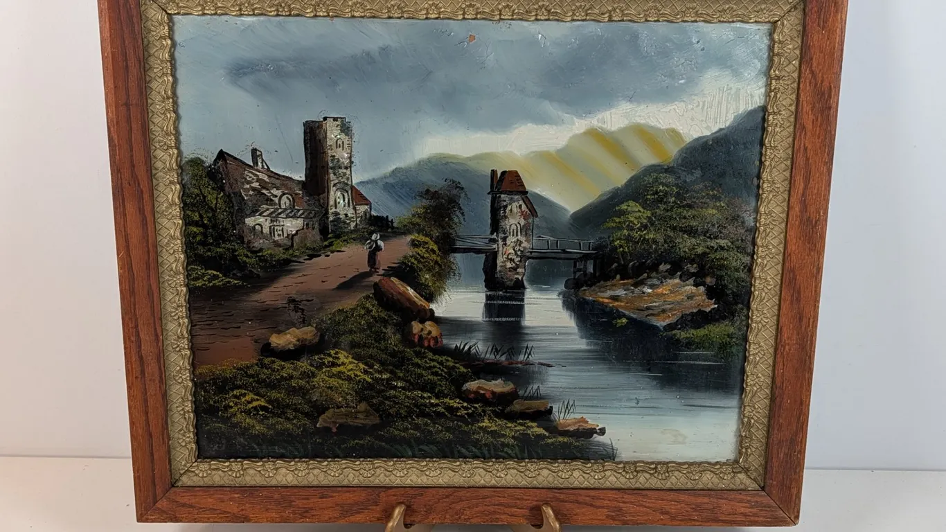 Textured Nacre Landscape Painting in Wooden Frame