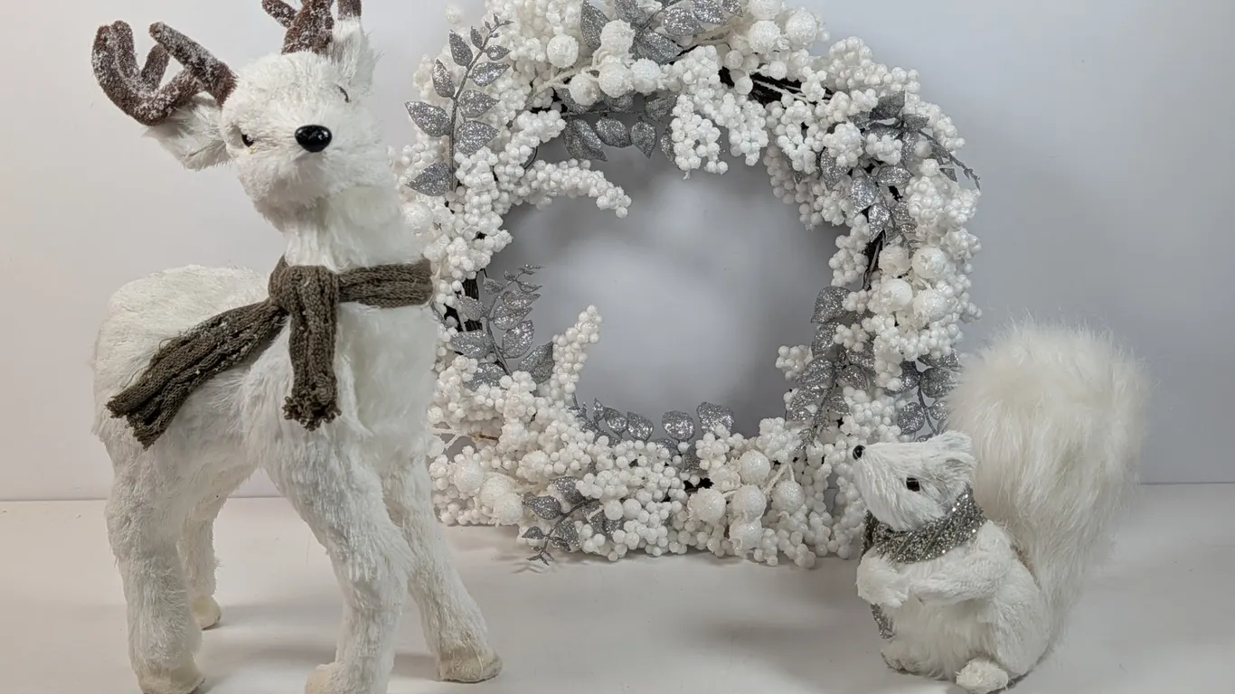 Holiday Flocked Deer, Squirrel, and White Berry Wreath Set