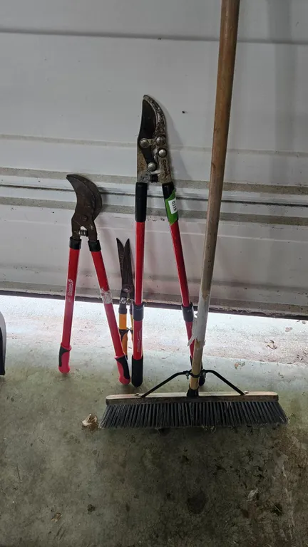 Garden Tools Lot: Pruners, Loppers, Hedge Shears, Broom