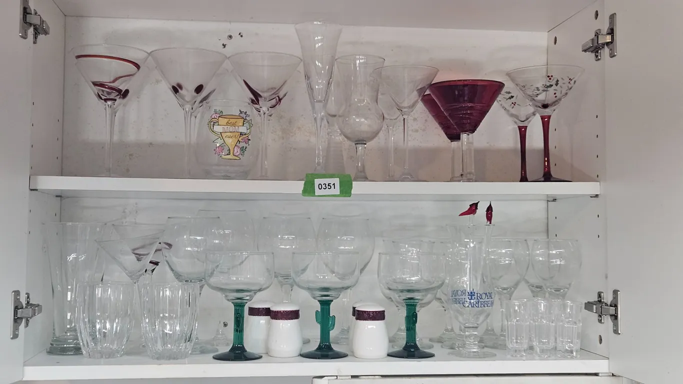 Assorted Glassware Collection with Martini, Wine, and Cocktail Glasses