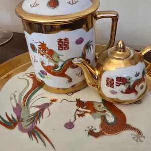 Chinese Export Porcelain Gold Dragon and Phoenix Tea Set with Tray
