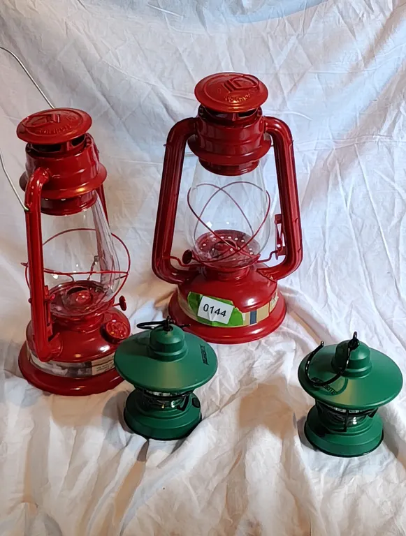 Lot of Four Lanterns: Two Red Kerosene-Style and Two Green LED