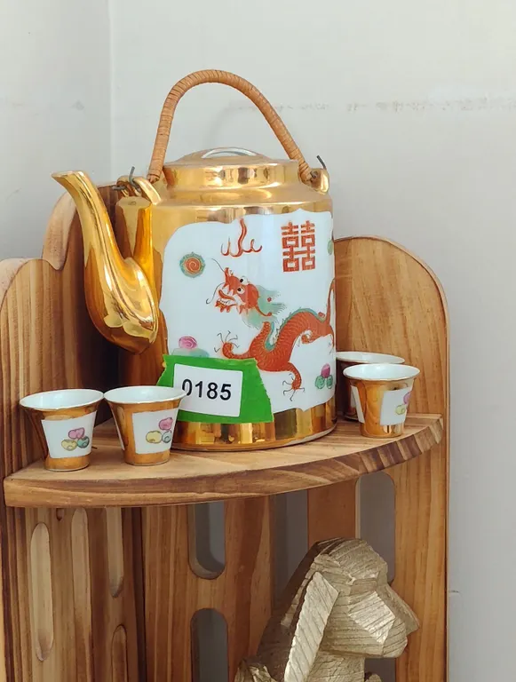 Vintage Chinese Gold Trim Tea Set with Dragon and Phoenix Motif