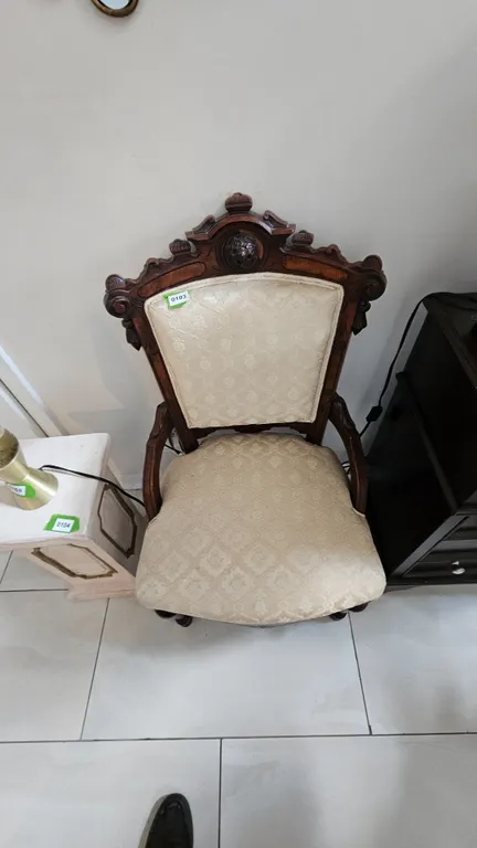 Antique Carved Wood Upholstered Armchair
