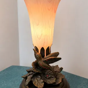 Hummingbird and Floral Table Lamp with Pink Swirl Glass Shade
