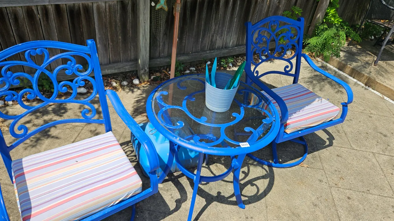 Blue Metal Bistro Set, 2 chairs, Glass Top Table & Umbrella w/ stand
