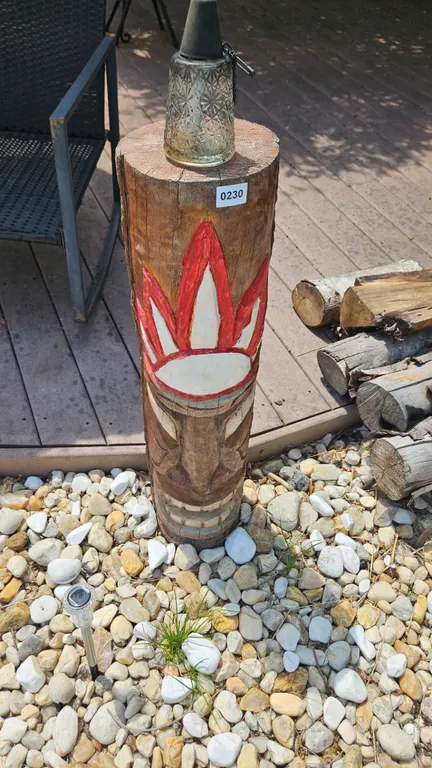 Carved Wooden Tiki Torch Holder with Glass Lantern