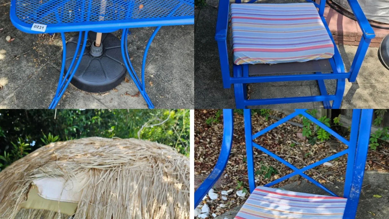 Blue Metal Patio Table, Chair, and Tiki Umbrella Set