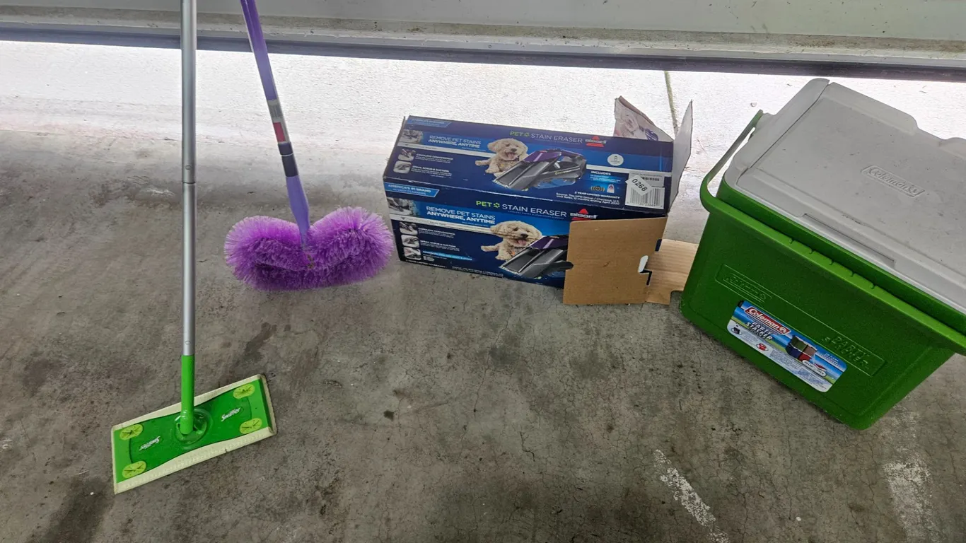 Bissell Pet Stain Eraser Cordless Carpet Cleaner, Swiffer Mop & Duster, Coleman Cooler