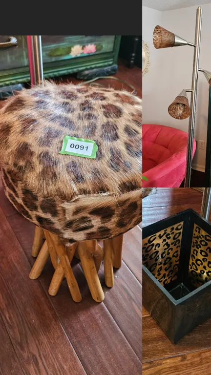 Leopard Print Stool, Floor Lamp, and Planter Lot