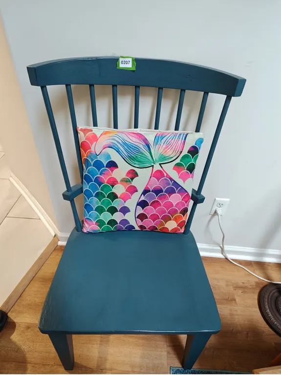 Blue Painted Windsor Style Chair with Mermaid Pillow
