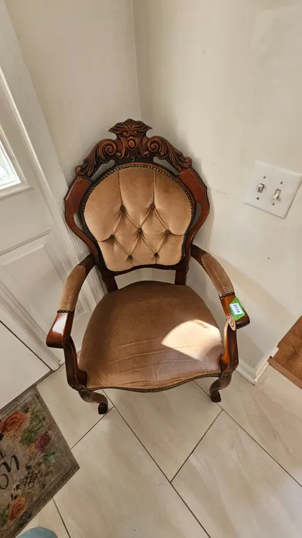 Vintage Carved Wood Upholstered Armchair