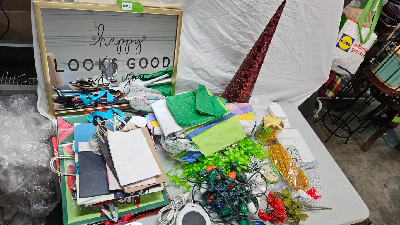 Assorted Home Decor, Gift Wrap Supplies, and Holiday Decorations