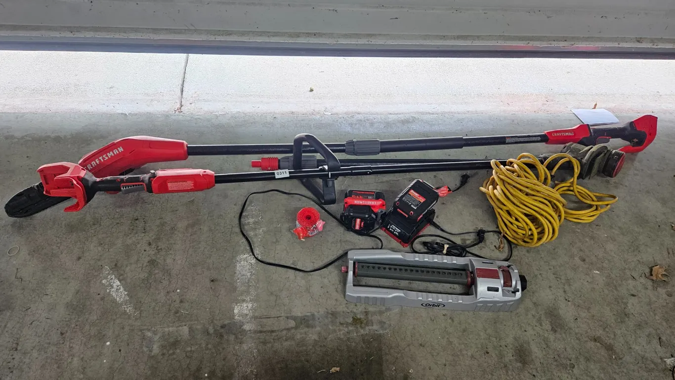 Craftsman V20 Pole Saw & Trimmer, Bauer 20V Battery, Extension Cord, and Sprinkler