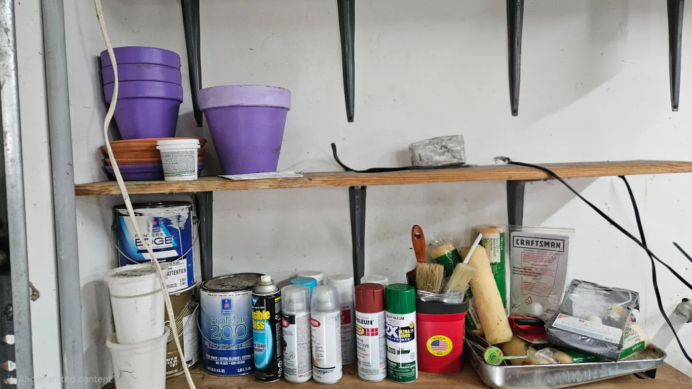 Assorted Paint, Paint Supplies, and Planters
