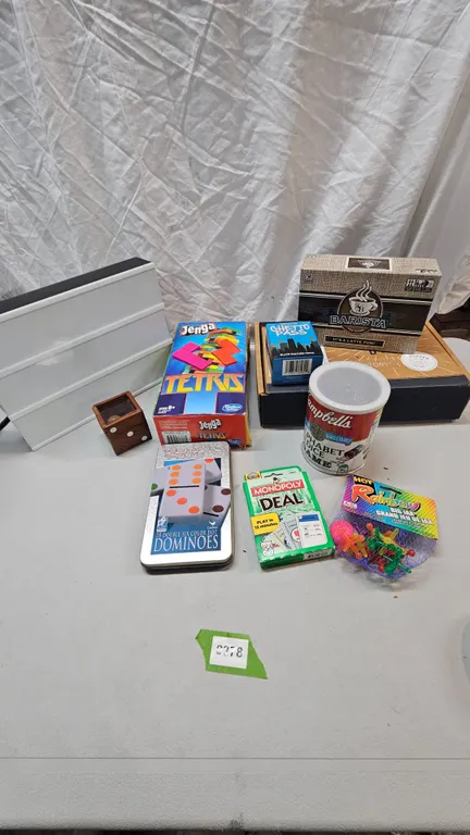 Mixed Lot: Board Games, Card Games, Dice, Lightbox, and Collectibles