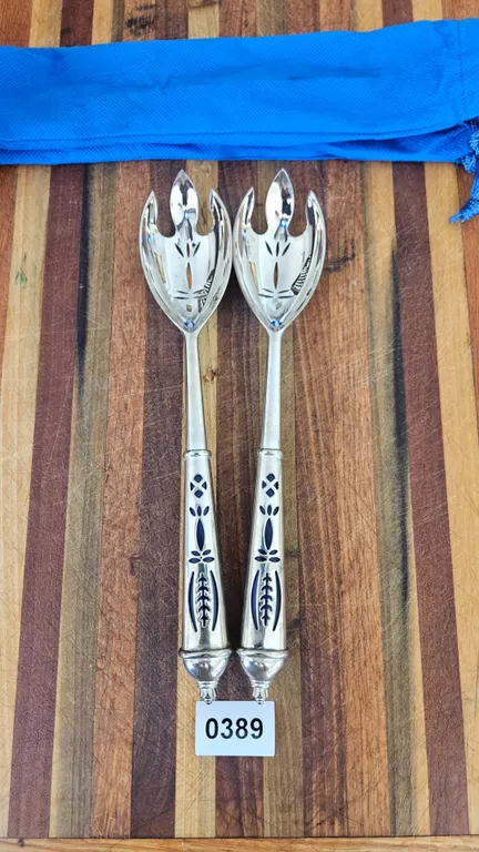 Vintage Silver Plated Salad Servers with Blue Enamel Accents