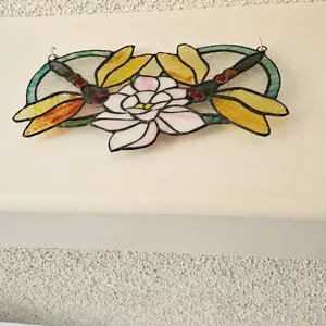 Stained Glass Dragonfly and Lotus Panel