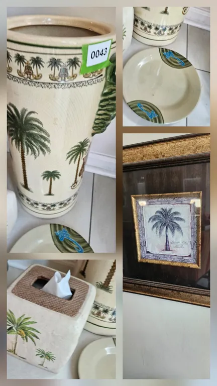 Tropical Themed Ceramic Decor Set: Umbrella Stand, Tissue Box Cover, and Plate