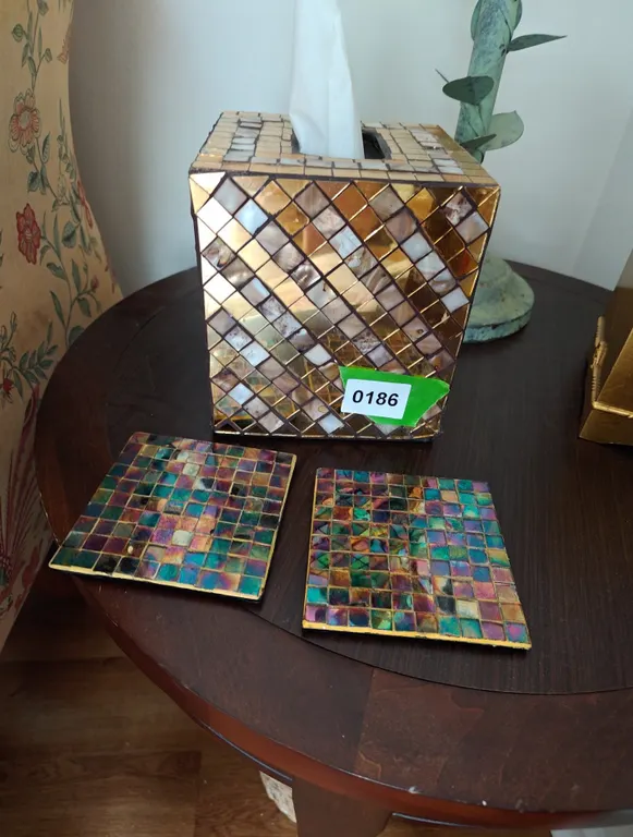 Mother-of-Pearl like and Glass Mosaic Tissue Box Cover with Matching Coasters