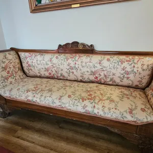 Antique Carved Wood Floral Upholstered Settee