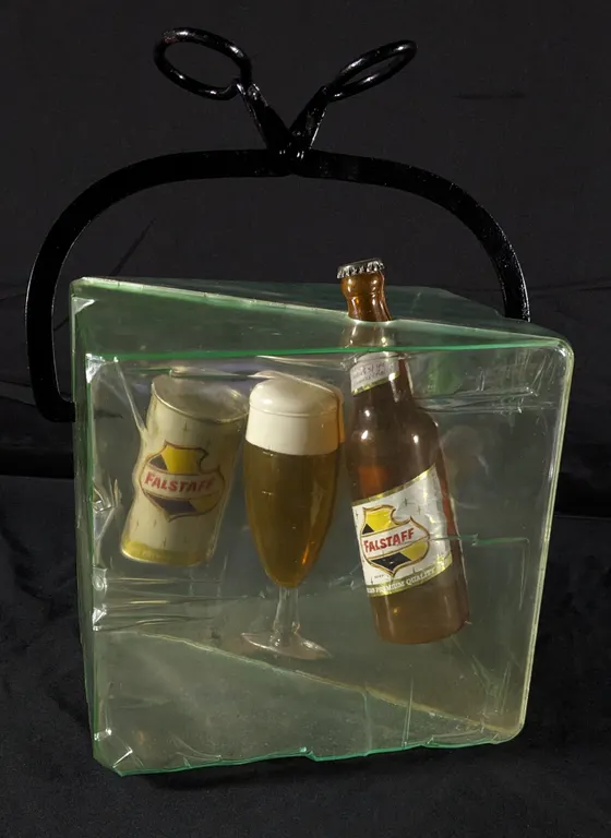 FALSTAFF BEER BOTTLE & CAN BLOCK OF ICE CUBE & TONGS SIGN