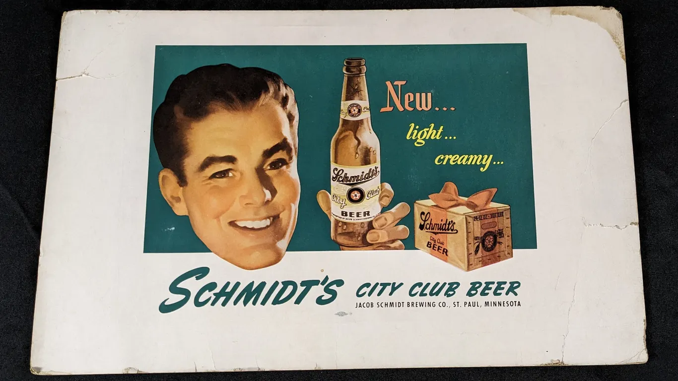 CARDSTOCK SIGN SCHMIDT'S CITY CLUB BEER ST PAUL MINNESOTA