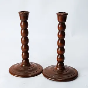 Pair of Antique Bobbin-Turned Wood Candlesticks