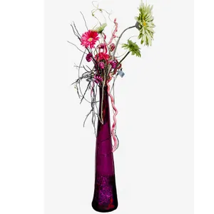 Tall Purple Glass Floor Vase with Floral Arrangement