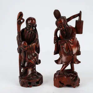 A Pair of Vintage Asian Wood Sculptures! A Fisherman & A Shou Lao statue!