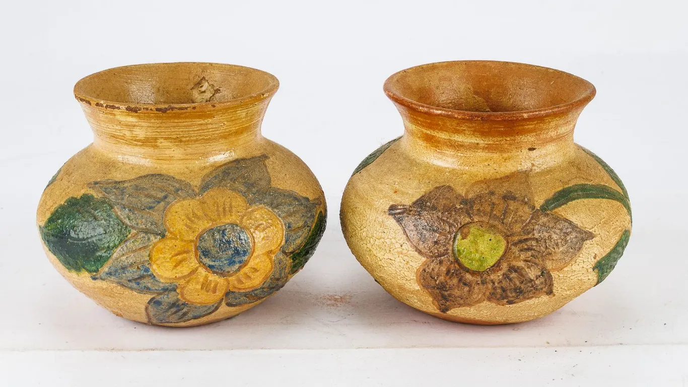 Two Vintage Hand-Painted Floral Art Pottery Squat Vases
