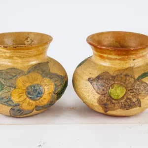 Two Vintage Hand-Painted Floral Art Pottery Squat Vases