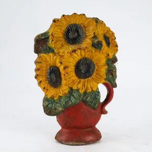 Vintage Painted Cast Iron Sunflower Bouquet Doorstop