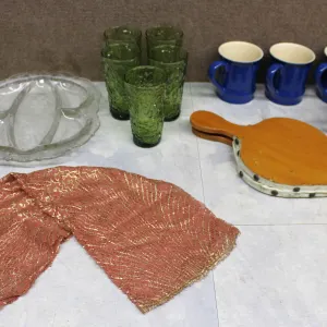 Glassware, Mugs, Bellows, and Textile