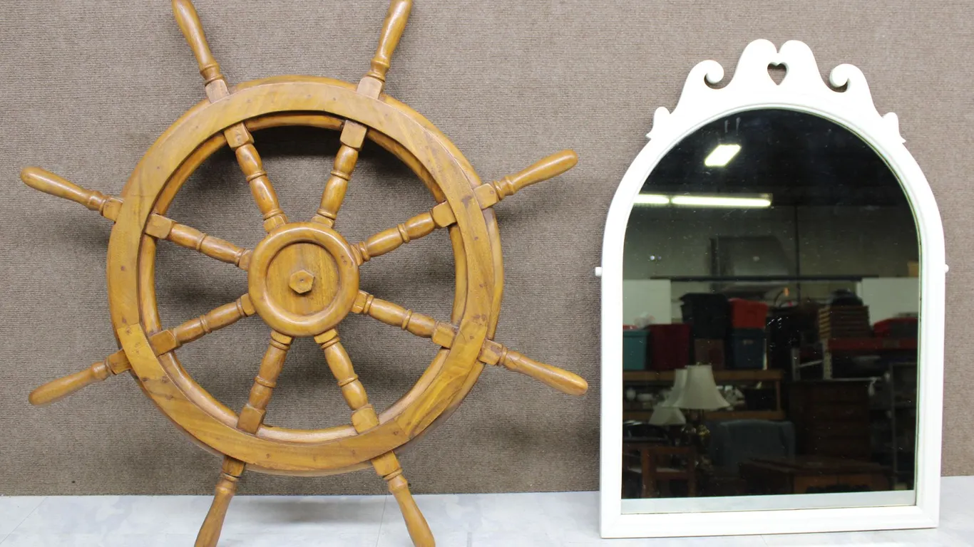 Ship's Wheel and Decorative Wall Mirror