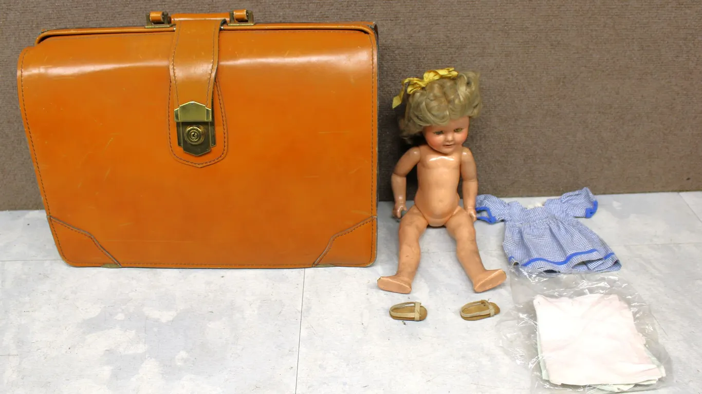 Shirley Temple Composition Doll with Clothes and Leather Case