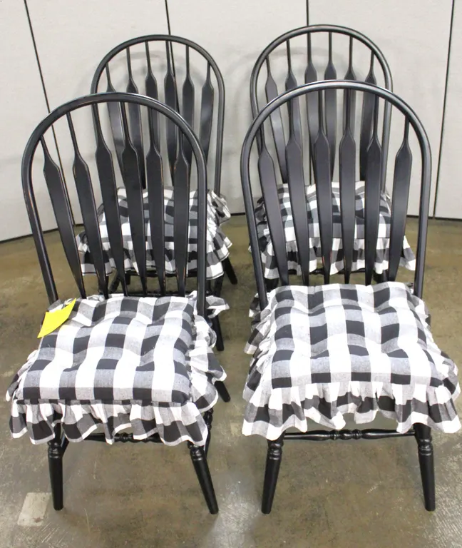 4 Black Wood Windsor-Style Side Chairs with Seat Cushions