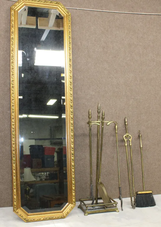 Italian Gilt Frame Wall Mirror and Brass Fireplace Tools