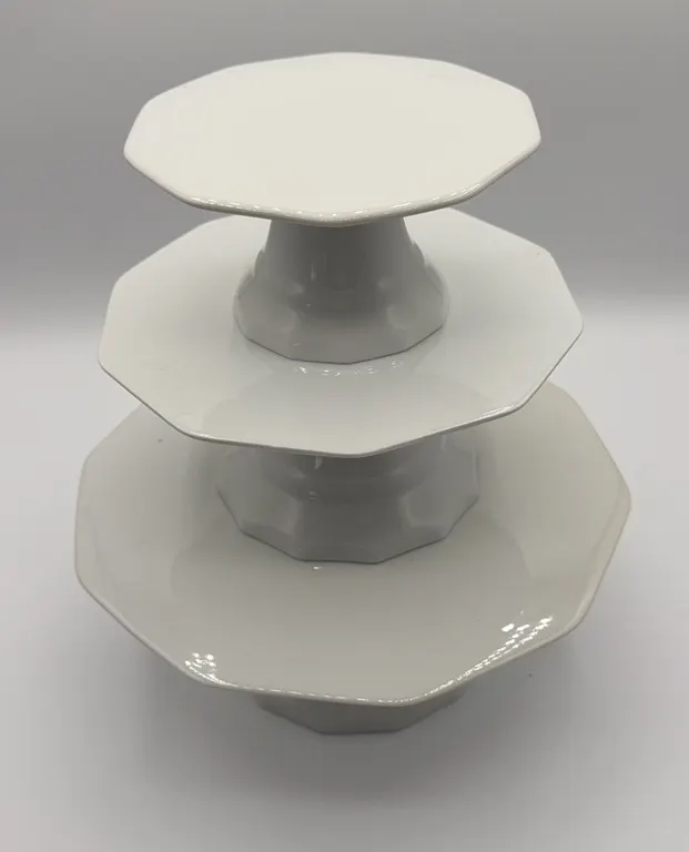 3 White Ceramic Pedestal Cake Plates, Stackable