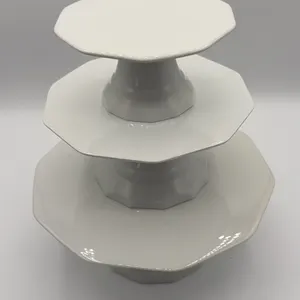 3 White Ceramic Pedestal Cake Plates, Stackable