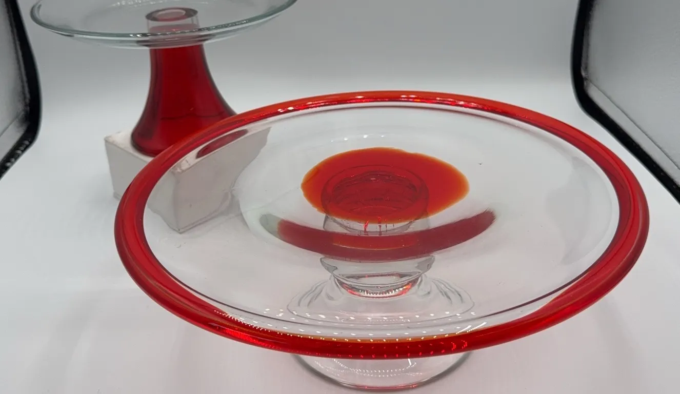 2 Red & Clear Glass Pedestal Cake Plates