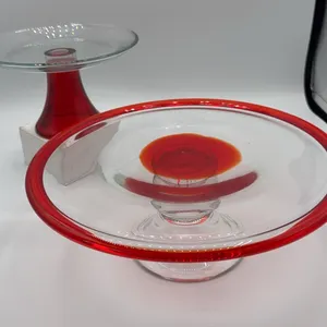 2 Red & Clear Glass Pedestal Cake Plates