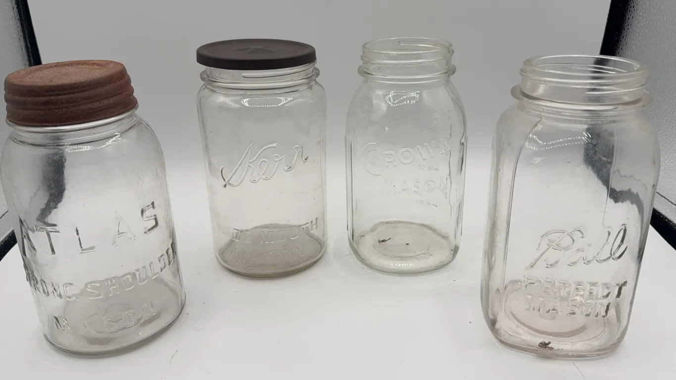4 Vintage Glass Jar's Atlas, Kerr, Crown, Ball