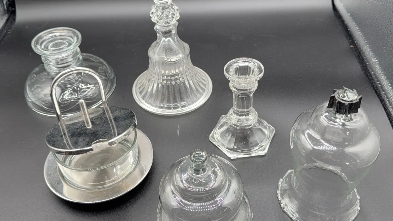 Box Lot Glass Candlesticks and Condiment Dish