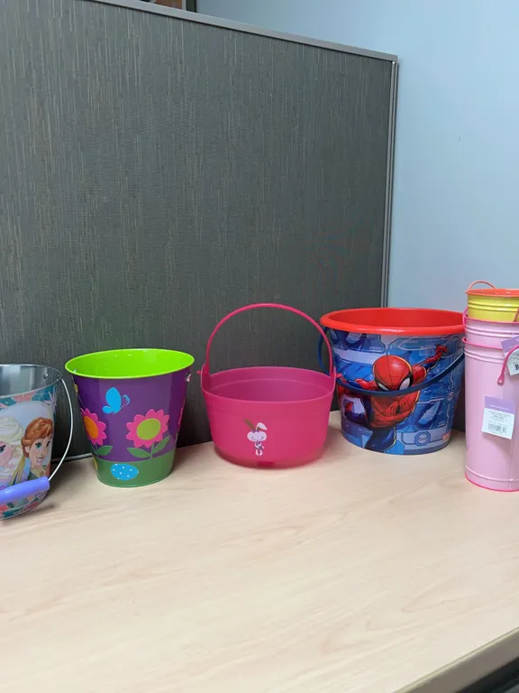 Character and Decorative Buckets: Disney Frozen, Marvel Spider-Man, Garden, and Decorative Tins