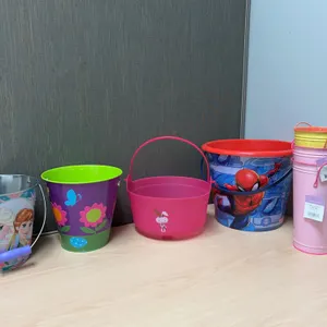 Character and Decorative Buckets: Disney Frozen, Marvel Spider-Man, Garden, and Decorative Tins
