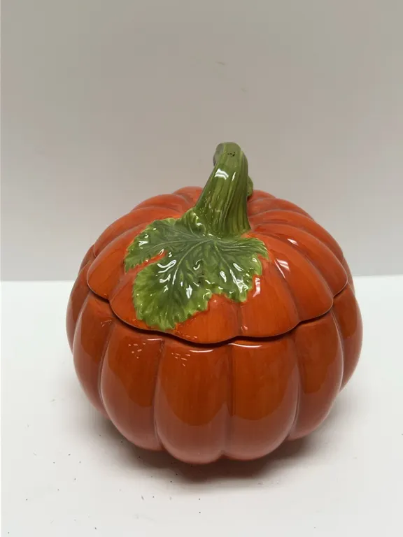 Pumpkin-Shaped Ceramic Covered Dish With Candle Insert, Made In China, Orange And Green Glaze Finish
