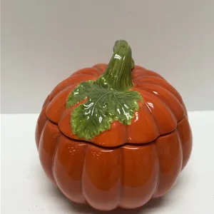 Pumpkin-Shaped Ceramic Covered Dish With Candle Insert, Made In China, Orange And Green Glaze Finish
